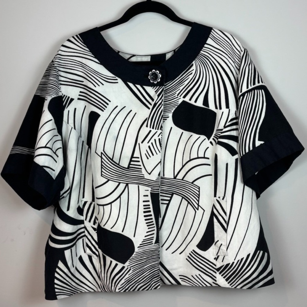 Ashley Stewart Womens Black Abstract Linen Wide Sleeve Blouse SZ 22W‎ Classic